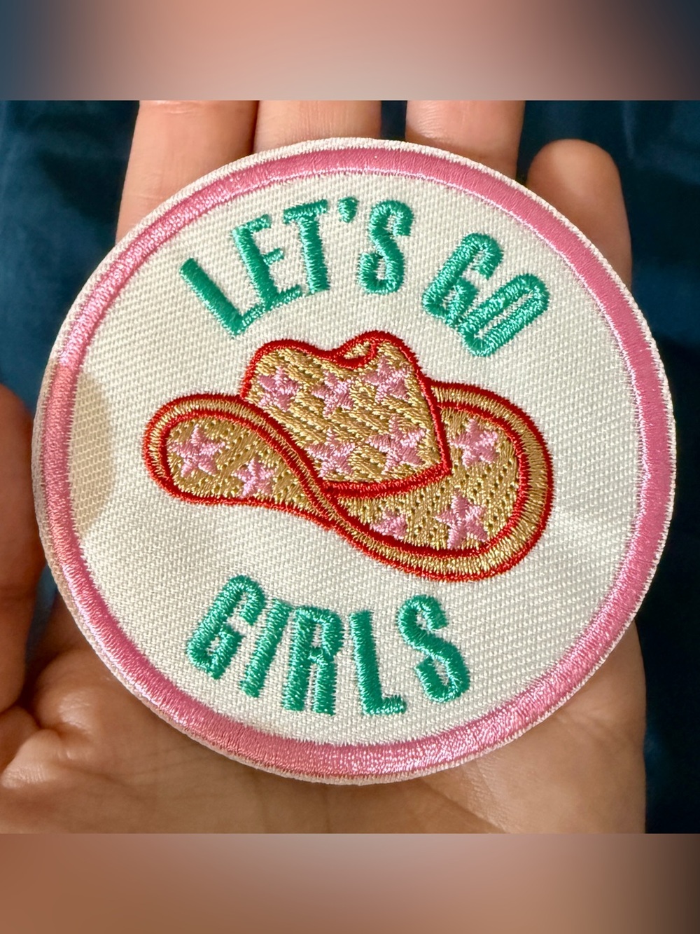 New Circular White Pink Let’s Go Girls Cowgirl Patch Iron On/Sew On Western Boho